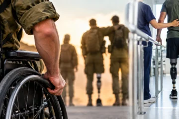 אדם בכיסא גלגלים לצד חיילים, ובצד השני אדם עם רגל תותבת מתרגל הליכה בעזרת פיזיותרפיסט במרכז שיקום.