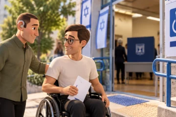 איור של אדם עם מכשיר שמיעה המלווה אדם בכיסא גלגלים בדרכם לקלפי נגישה, עם שילוט נגישות, רמפה ודגלי ישראל.